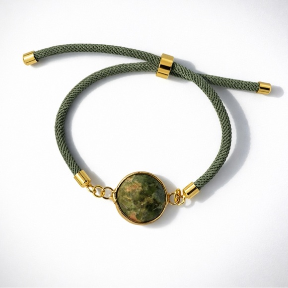 Forest Whisper: Unakite Gemstone Sliding Cord Gold Tone Adjustable Bracelet - Picture 3 of 3